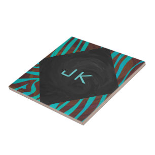 Sebra Brun och Teal med Monogram Kakelplatta