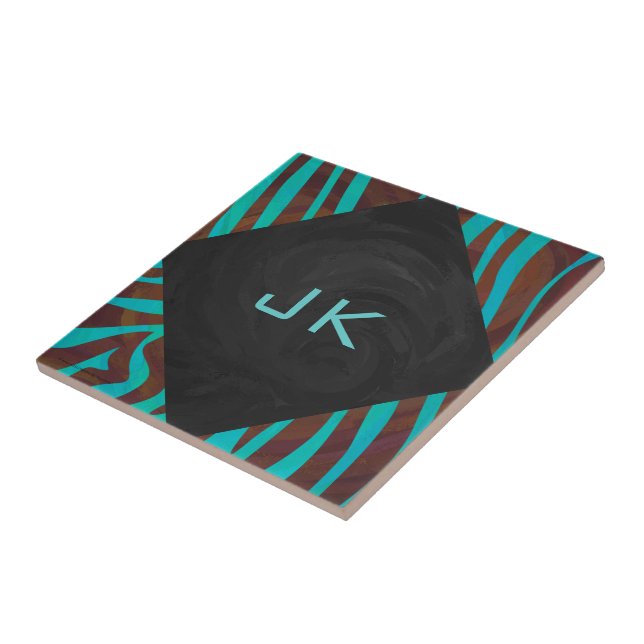 Sebra Brun och Teal med Monogram Kakelplatta (Sidan)