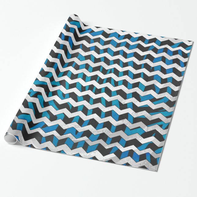 Sebra Chevron Svart och Blå Presentpapper (Utrullad)