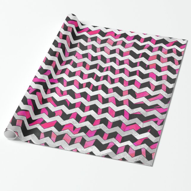 Sebra Chevron Svart och het rosa Presentpapper (Utrullad)