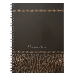 Sebra Glitter Brun Guld Glam Chic Elegant Bling Anteckningsbok Med Spiral