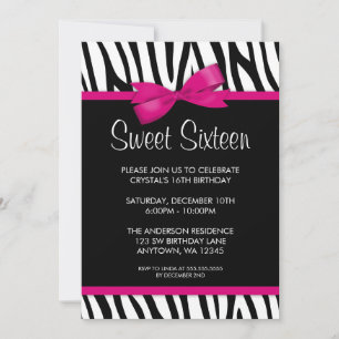 Sebra Hot Pink Tryckt Rosett Sweet 16 Födelsedagsf Inbjudningar