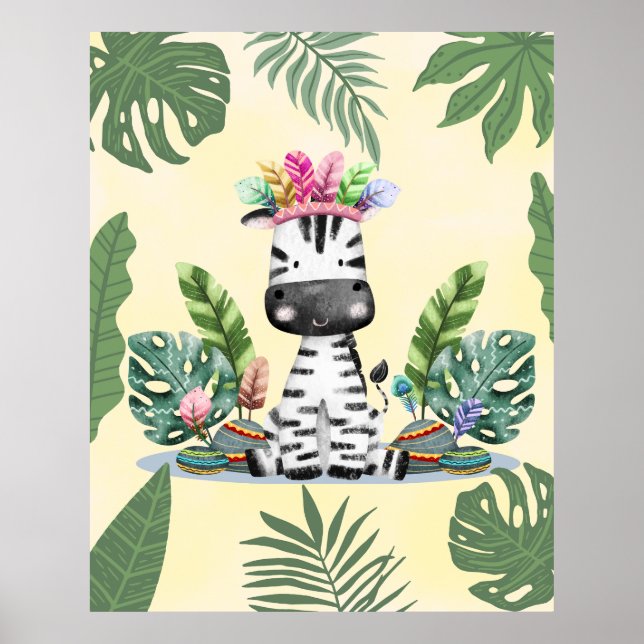 Sebra Jungle Safari Exotiska Palmblad Plantskola  Poster (Framsidan)