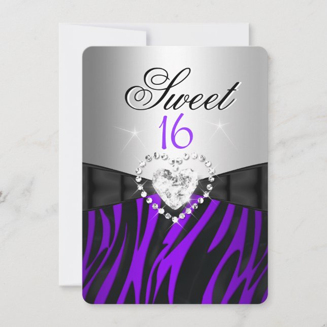 Sebra Lila Silver Sweet 16 Sexton Födelsedag Inbjudningar (Framsida)