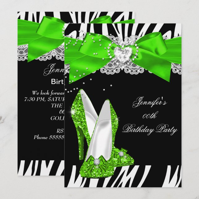 Sebra Lime Green Glitter High Heel Shoe Birthday Inbjudningar (Fram/baksida)