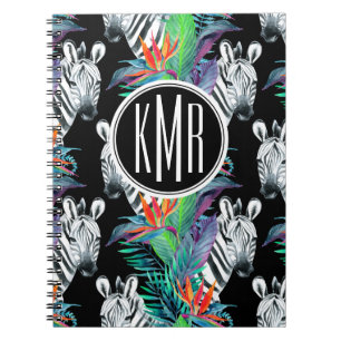 Sebra och exotisk Monogram för blommamönster Anteckningsbok Med Spiral