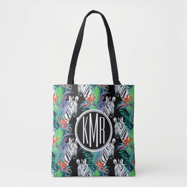 Sebra och exotisk Monogram för blommamönster | Tygkasse (Framsida)