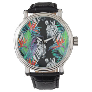Sebra och exotiskt blommamönster armbandsur
