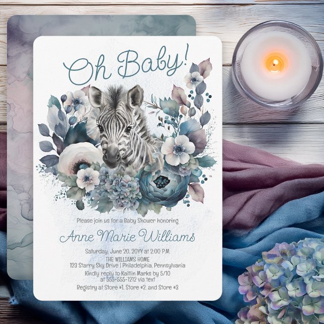 Sebra Oh Baby Blue Blommig Bebis Bjudning Inbjudningar (Zebra Oh Baby Blue Floral Baby Shower Invitation - Print | Digital Download)