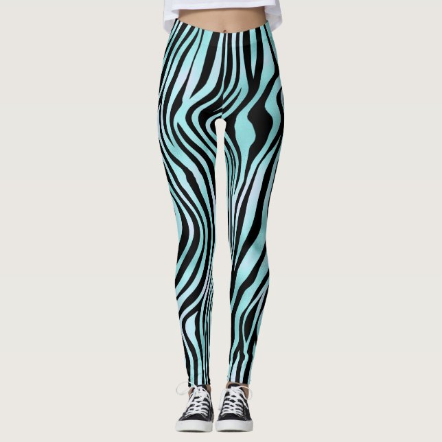 Sebra Randig Turkos Teal och Svart Leggings (Framsida)