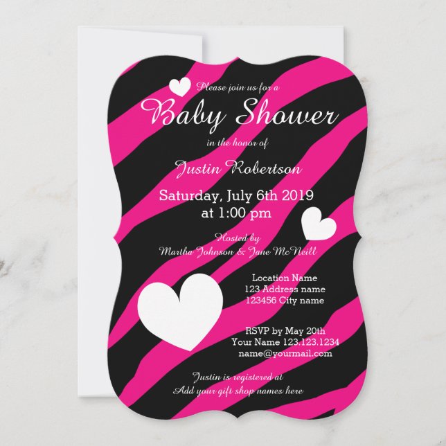 Sebra randiga baby shower inbjudningar med hjärtan (Framsida)