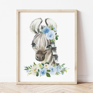 Sebra, Safari, Djungel, Blå blommor, Pojkrum Poster
