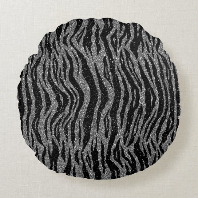 Sebratryck Svart och Grå Silver Rund Kudde (Framsidan)