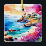 "Secluded Beach" Julgransprydnad Keramik<br><div class="desc">"Secluded Beach". En Medelhavsstrand i utkanten av ett bläckfiskblått hav är inramad av sötens rosa och lila. Ett tyst och avslappnat ställe för övervägande.</div>