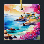 "Secluded Beach" Julgransprydnad Keramik<br><div class="desc">"Secluded Beach". En Medelhavsstrand i utkanten av ett bläckfiskblått hav är inramad av sötens rosa och lila. Ett tyst och avslappnat ställe för övervägande.</div>