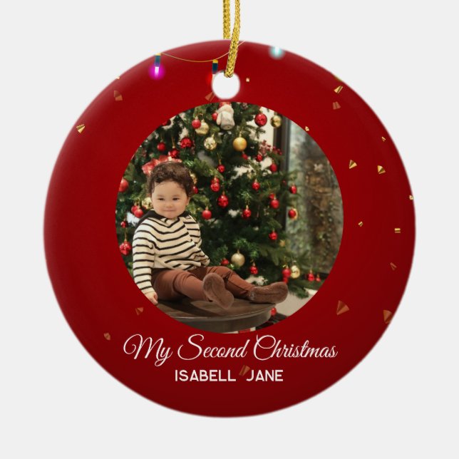 Second Christmas Custom Family Photo Text Template Julgransprydnad Keramik (Framsidan)