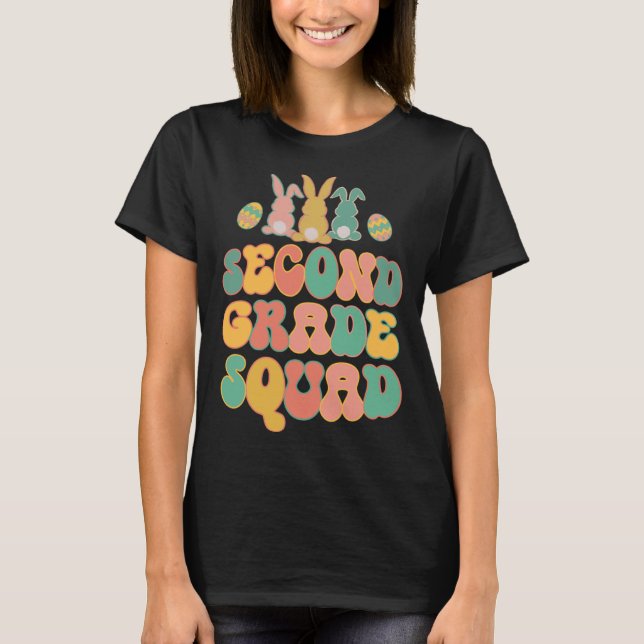 Second Grad Squad Teacher  Retro Groovy Easter Bun T Shirt (Framsida)