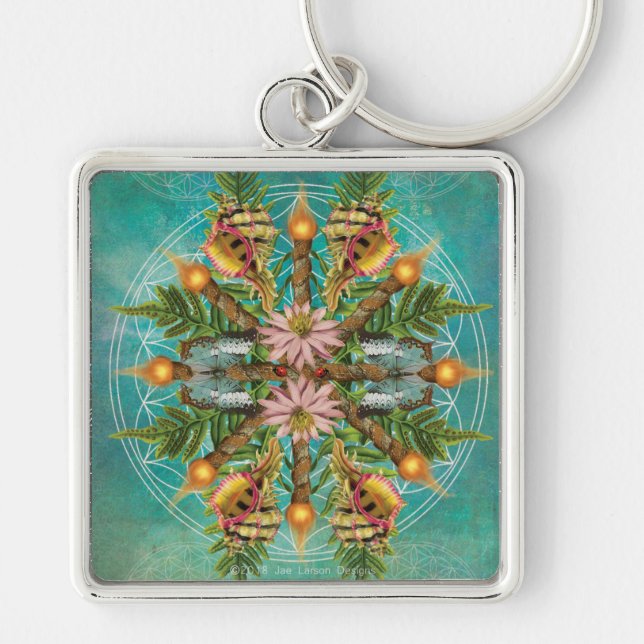 Second Nature Tarotlek Design Mandala Fyrkantig Silverfärgad Nyckelring (Framsidan)