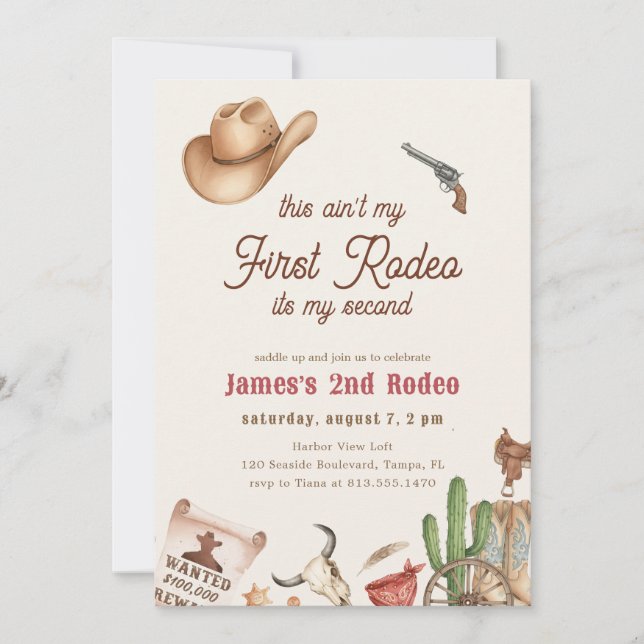 Second Rodeo Vintage Rustic Cowboy 2nd Birthday Inbjudningar (Framsida)