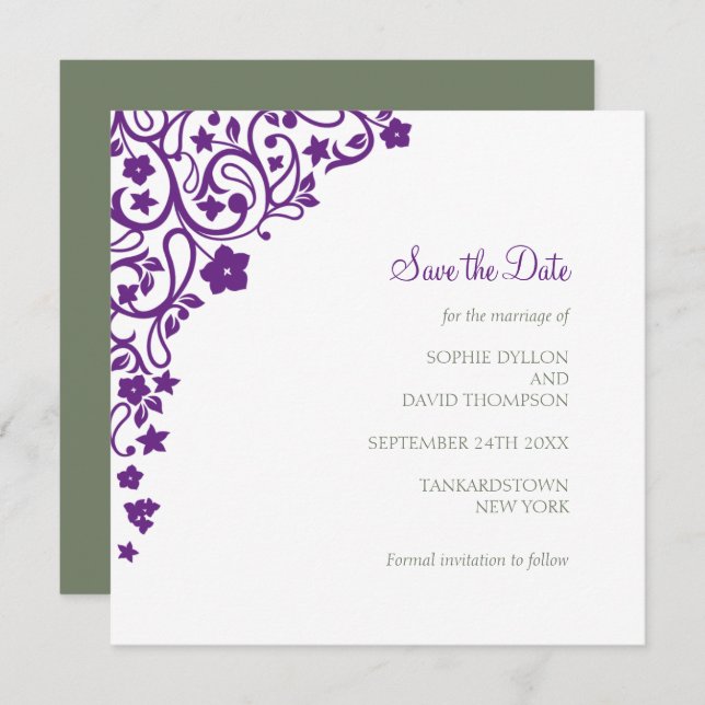 Secret Garden Lila Blommigt Square Bröllop Spara Datumet (Fram/baksida)