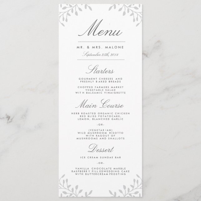 Secret Garden Wedding Dinner Menu - Grått Meny (Framsida)