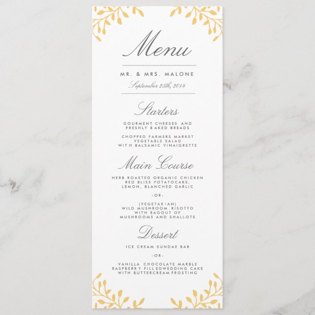 Secret Garden Wedding Dinner Menu - Senard Gult Meny (Framsida)