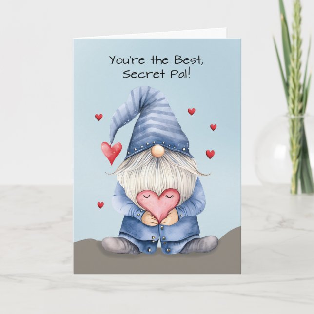 Secret Pal Valentine Funny Gnome Wearing Denim Kort (Framsida)