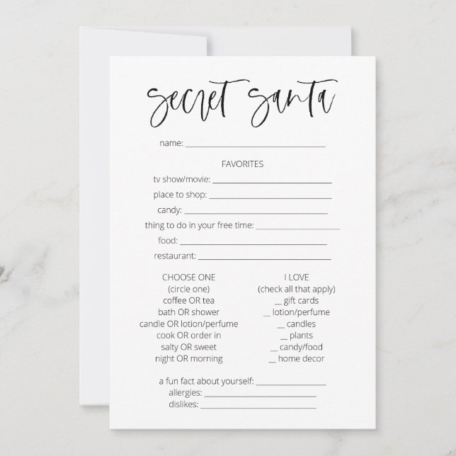 Secret Santa Frågeformulär Julspel Rolig Inbjudningar (Framsida)