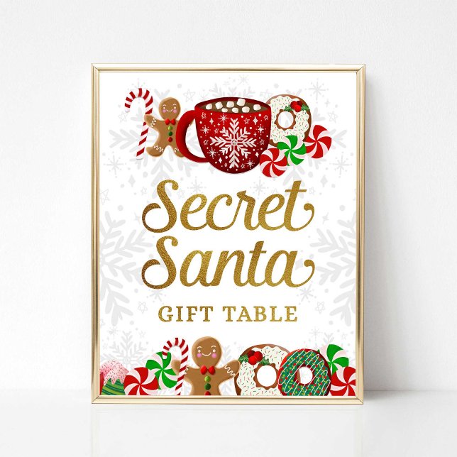 Secret Santa Gift Bord undertecknar jul Party Poster (Secret Santa Gift Table Sign, Sweet Christmas Theme, Holiday Party Sign)