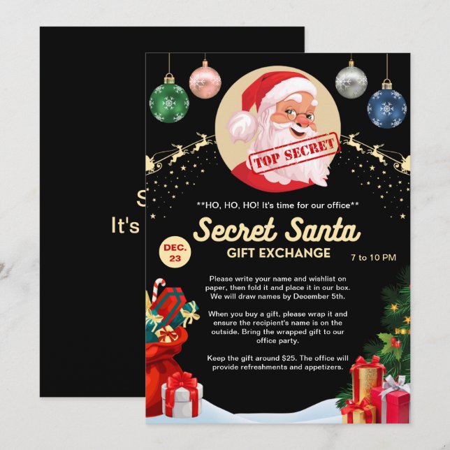 Secret Santa Gift Exchange Office Home Black Party Inbjudningar (Fram/baksida)