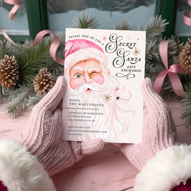 Secret Santa Gift Exchange Retro Rosa Jultomten Inbjudningar (Secret Santa Gift Exchange Retro Pink Santa Claus Party Invitation)