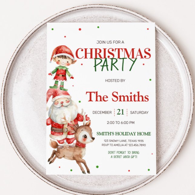 Secret Santa Reindeer Elf Kids jul Party Inbjudningar (Santa Reindeer Elf Kids Christmas Party Invitation)
