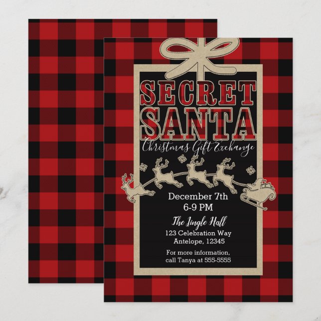 Secret Santa Rustic Helgdag Red Play & Kraft Inbjudningar (Fram/baksida)