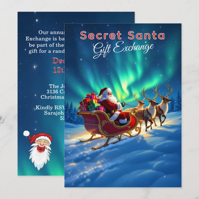Secret Santa Sleigh & Northern Lights 5x7 Party Inbjudningar (Fram/baksida)