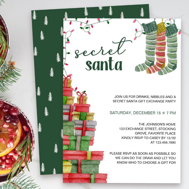 Secret Santa Stockings och Presenter Helgdag Inbjudningar (Secret Santa Holiday Gift Exchange Invitation)