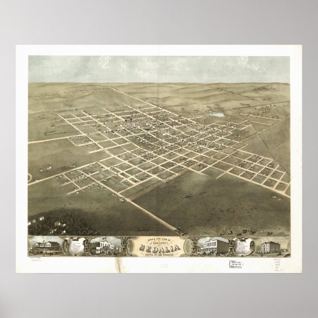 Sedalia Missouri 1869 Antique Panoramic Karta Poster (Framsidan)