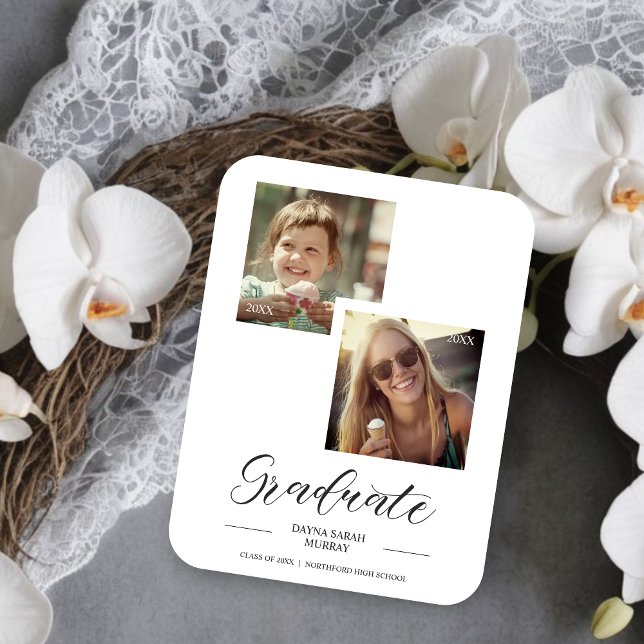 Sedan & Now Studenten 2-Anpassningsbarnas fotoskri Magnet (Then & Now Graduation Two Custom Photos Script Magnet.)