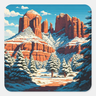 Sedona Arizona Travel Red Sten snö Fyrkantigt Klistermärke
