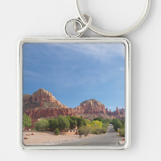 Sedona Red sten Fyrkantig Silverfärgad Nyckelring (Framsidan)