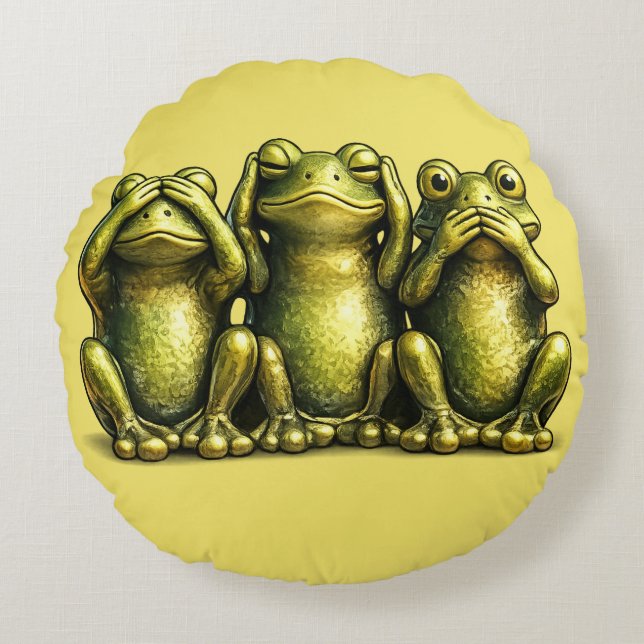 See Hear Speak No Evil Funny Frogs Rund Kudde (Framsidan)