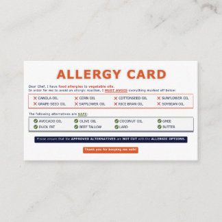 Seed Oil Allergy Card Visitkort