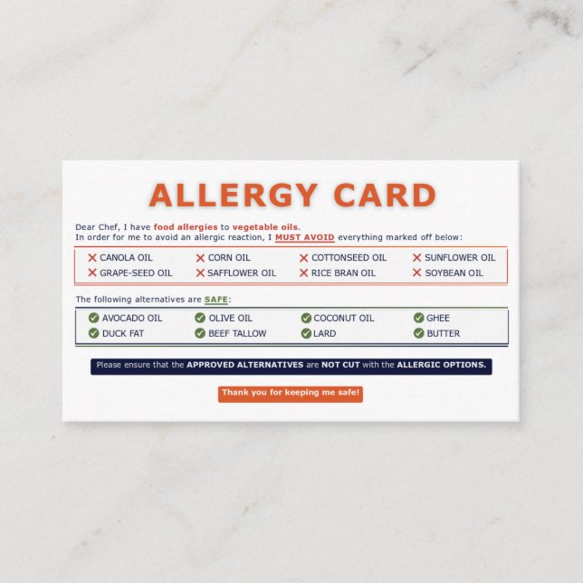Seed Oil Allergy Card Visitkort (Framsida)