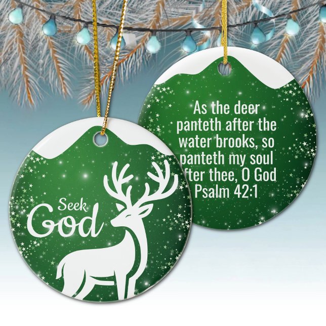 Seek God Religious Holiday  ⛪️ 🎄 Julgransprydnad Keramik (Customizable Seek God, Bible Verse Festive Reindeer Devotional Ceramic Ornament Green Psalm 42:1 🦌✞)