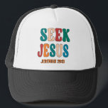 SEEK JESUS BIBLE VERSE  VINTAGE KEPS<br><div class="desc">Wear a hat with a modern,  retro-vintage design to show your faith,  a reminder of Jeremiah 29:13,  "Seek Jesus." Vary the colors of your hat to match and show off your Christianity with a unique style to express your love for Jesus in a fresh and original way.</div>