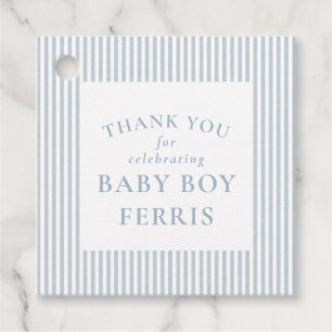 Seersucker blå vit randig baby shower tack gåvor etiketter