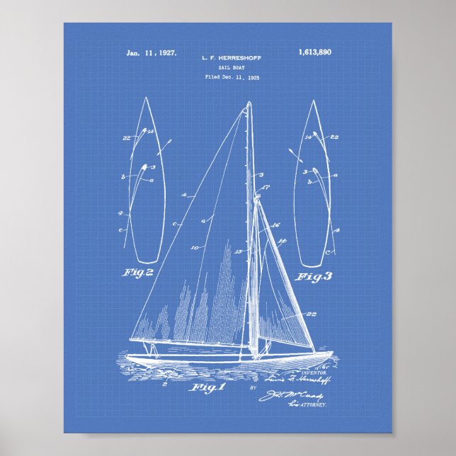 Segelbåt 1927 Patent Art Blueprint Poster (Framsidan)