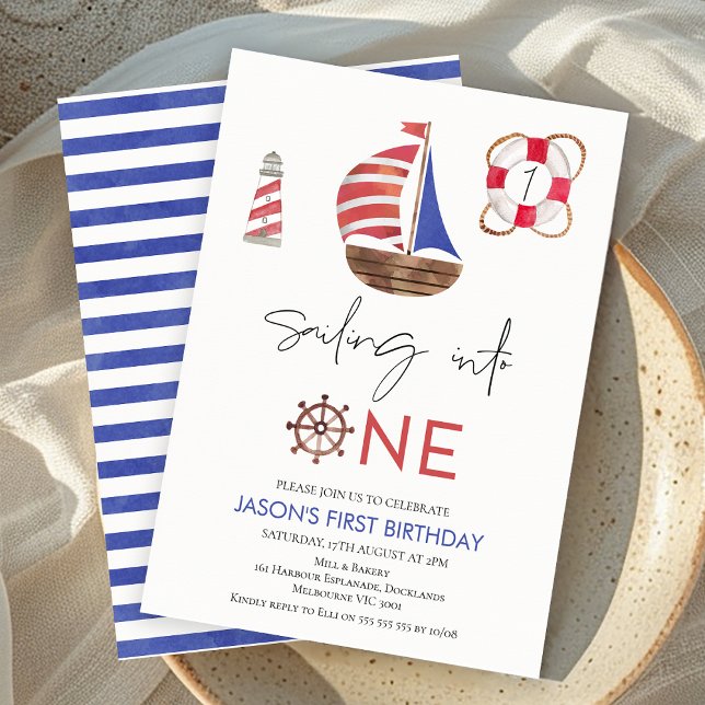 Segelbåt 1:a födelsedag i marinen Blue och Red Nau Inbjudningar (Nautical Sailing Into 1st Birthday Invite Boy Sailing Boats Party Invitation Printable Navy Blue Red)