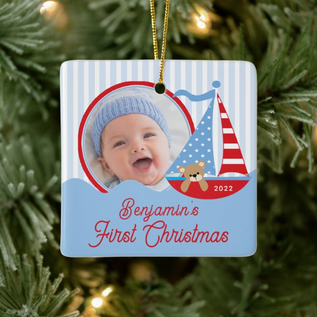 Segelbåt Bebis Första Julen Foto Ornament  (Träd)