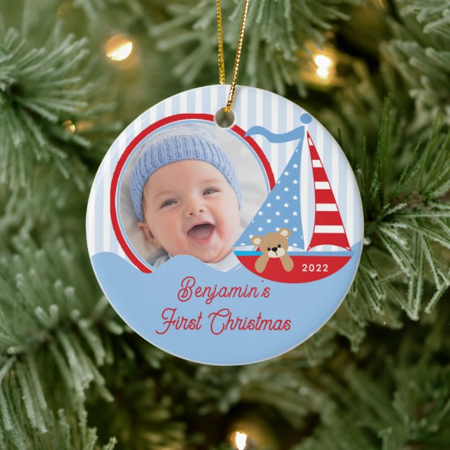 Segelbåt Bebis Första Julen Foto Ornament  (Träd)
