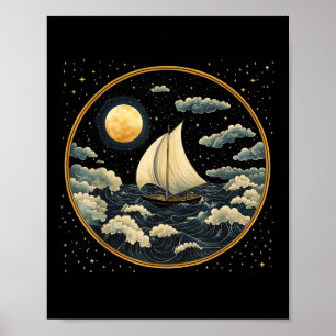 Segelbåt Celestial Estetisk Art Deco Ocean Seglare Poster